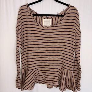 We The Free Auntie Em Waffle Knit Peplum Hem Top Sz Large Tan Stripe Long Sleeve